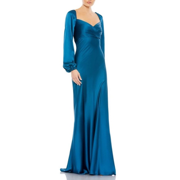 MAC DUGGAL Ocean Blue Sweetheart Neck Long Balloon Sleeve Satin Gown - Reemoly - Picture 1 of 16